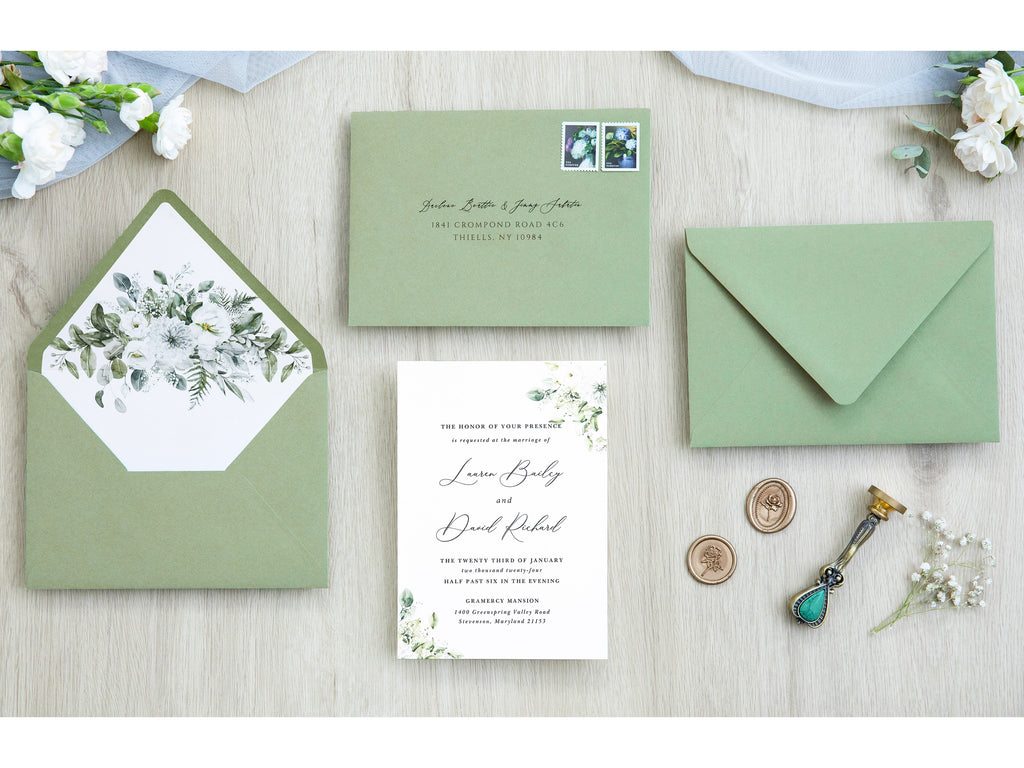 PONATIA 50 Pieces Sage Green & Flowers Liner Euro Flap Envelopes for  Wedding Invitation Card