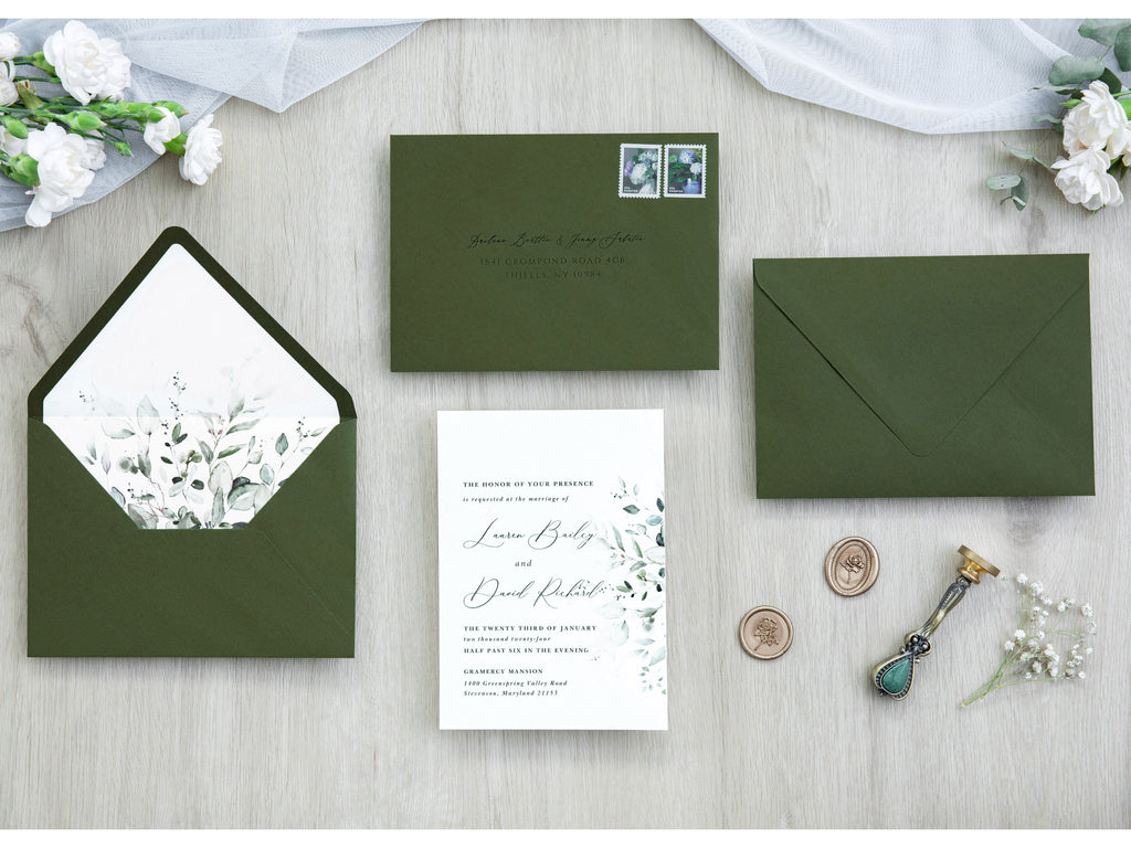 PONATIA 50 Pieces Olive Green Liner Euro Flap Envelopes for  Wedding Invitation Card