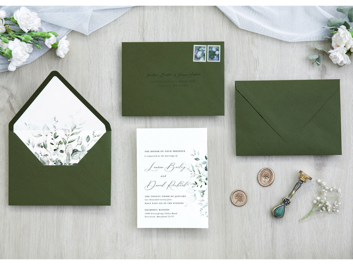 PONATIA 50 Pieces Olive Green Liner Euro Flap Envelopes for  Wedding Invitation Card