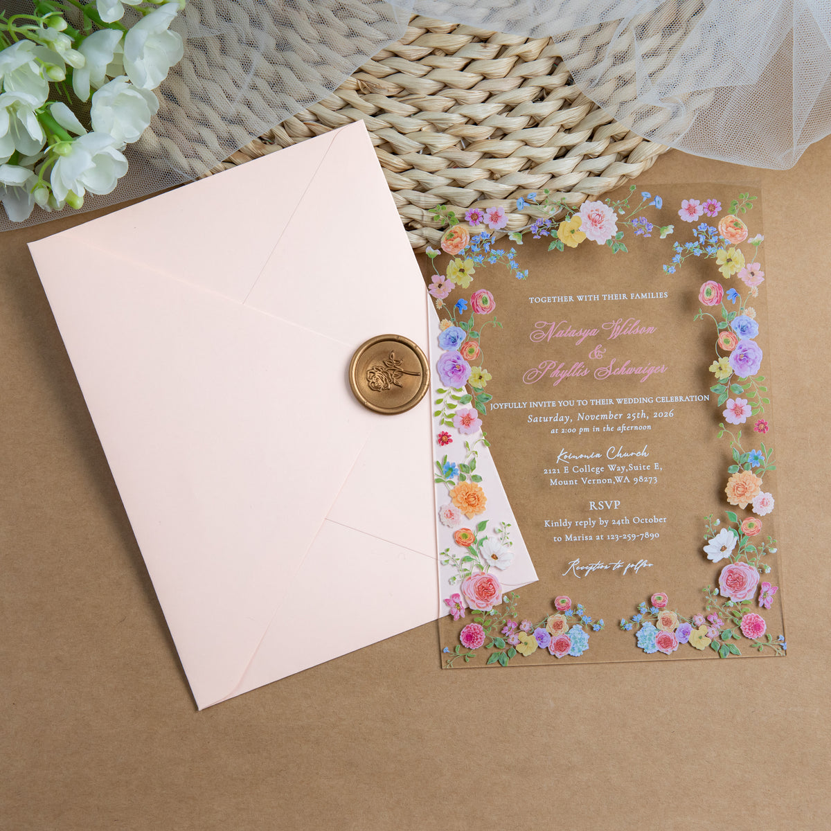 PONATIA 1mm/0.04'' Clear Acrylic Floral Wedding Invitation Cards  and Light Pink Envelopes