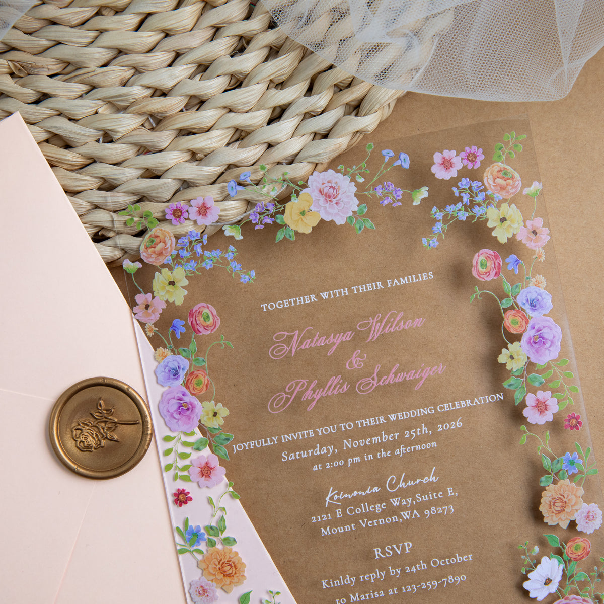PONATIA 1mm/0.04'' Clear Acrylic Floral Wedding Invitation Cards  and Light Pink Envelopes