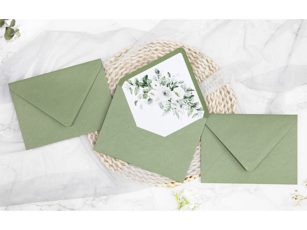 PONATIA 50 Pieces Sage Green & Flowers Liner Euro Flap Envelopes for  Wedding Invitation Card