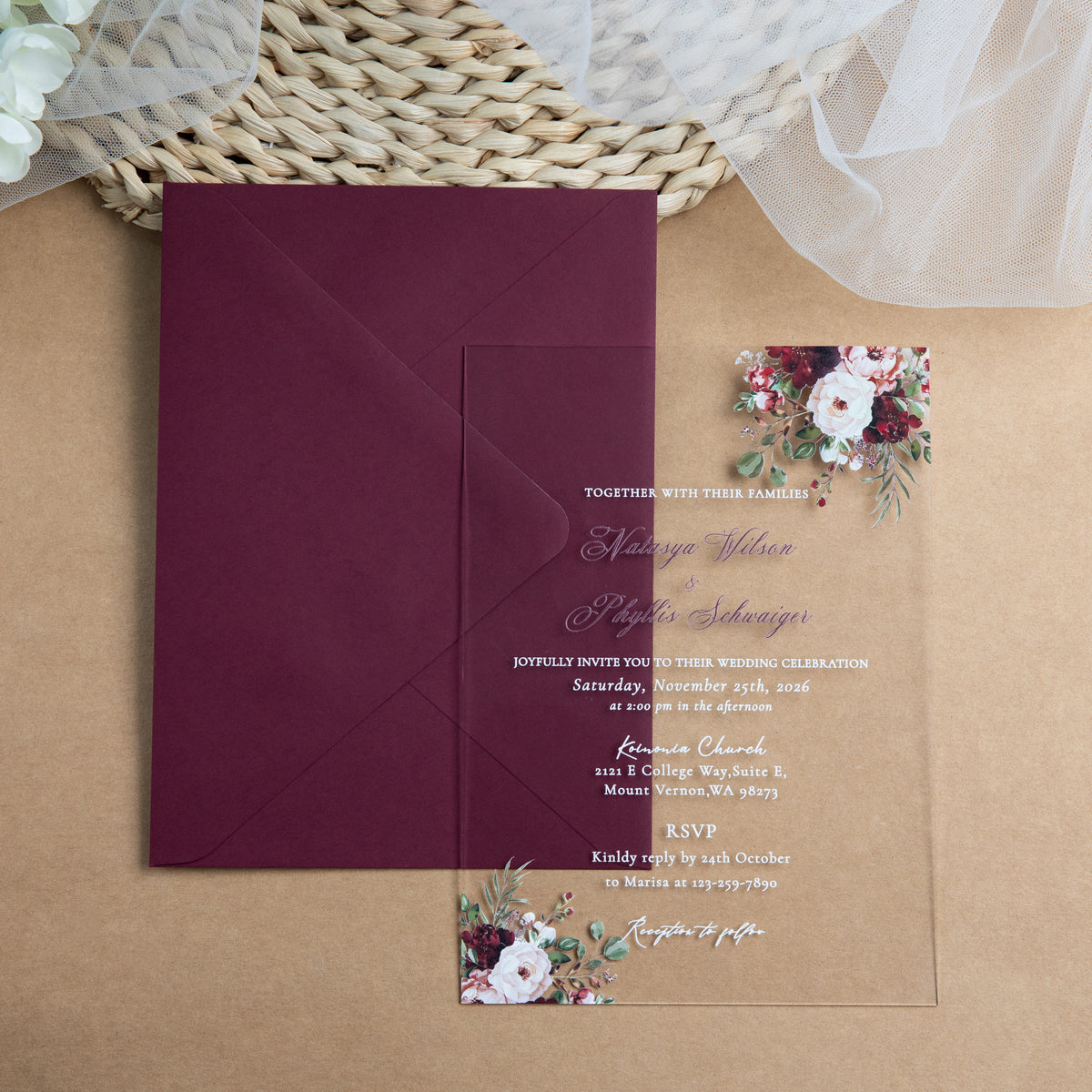 PONATIA 1mm/0.04'' Clear Acrylic Flower Wedding Invitation Cards  and Burgundy Envelopes