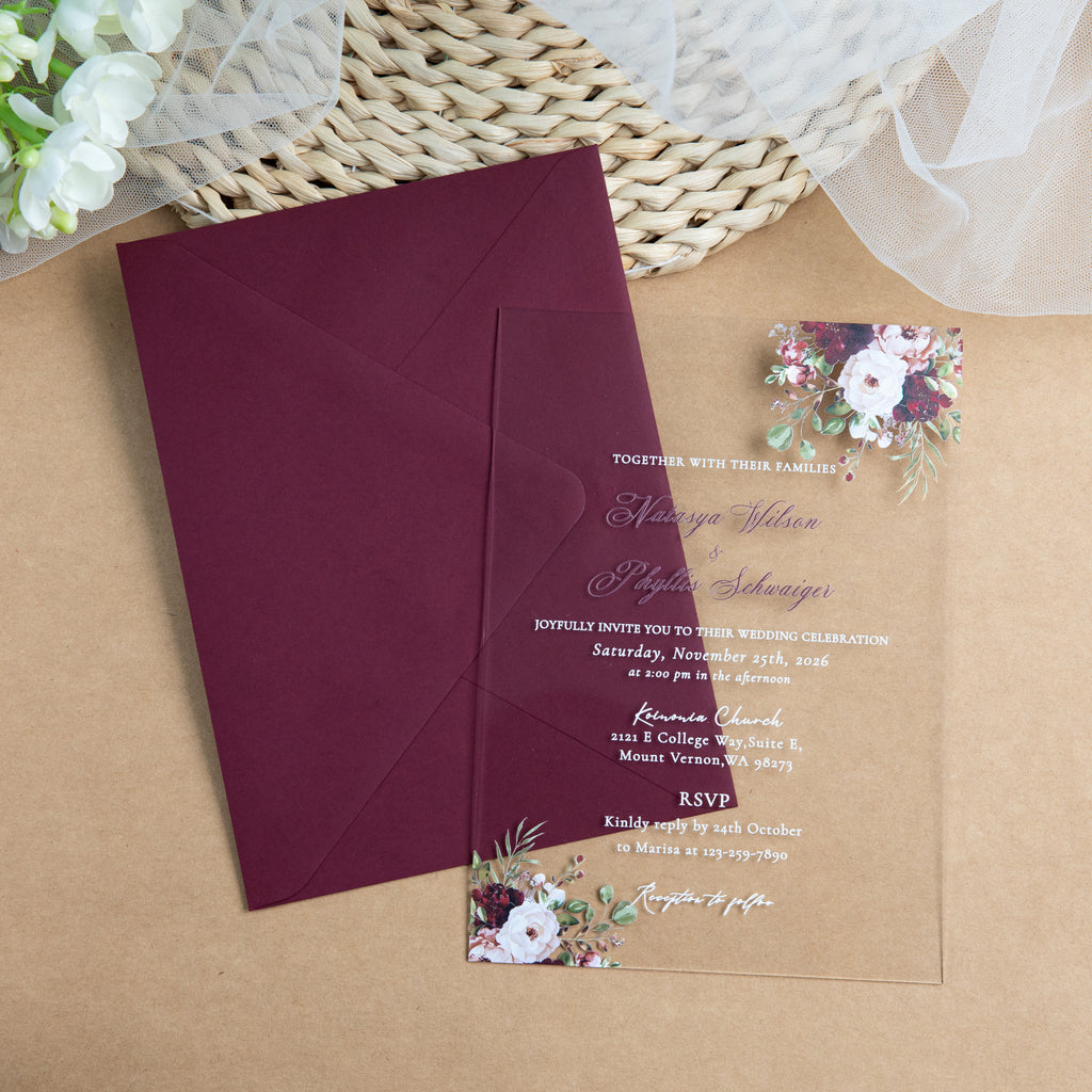 PONATIA 1mm/0.04'' Clear Acrylic Flower Wedding Invitation Cards  and Burgundy Envelopes