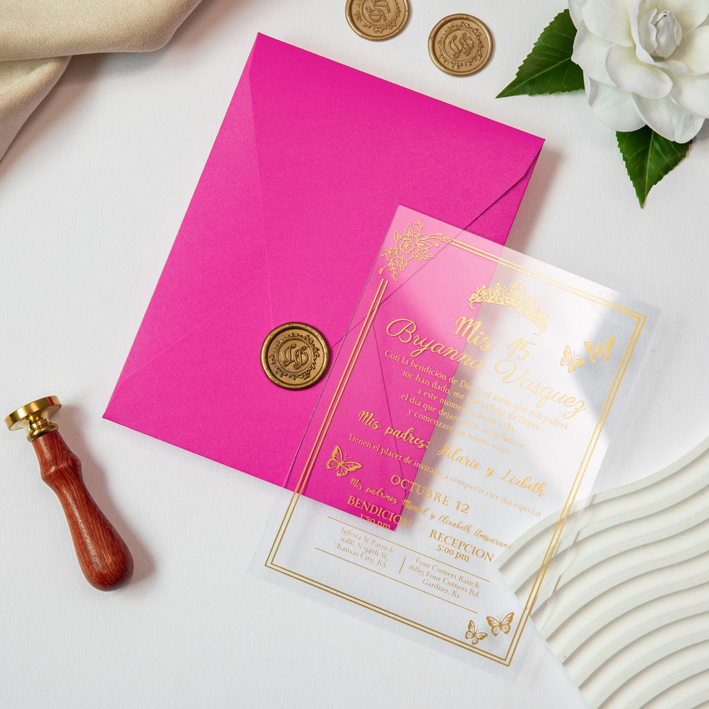 PONATIA 1mm/0.04'' Foil Print in Gold Clear Acrylic  Quinceanera Invitation Cards  and Fuchsia Envelopes
