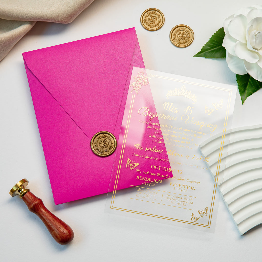 PONATIA 1mm/0.04'' Foil Print in Gold Clear Acrylic  Quinceanera Invitation Cards  and Fuchsia Envelopes