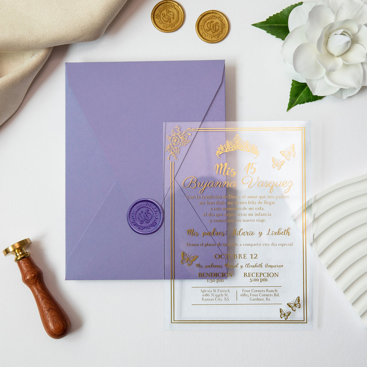PONATIA 1mm/0.04'' Foil Print in Gold Clear Acrylic  Quinceanera Invitation Cards  and Lilac Envelopes
