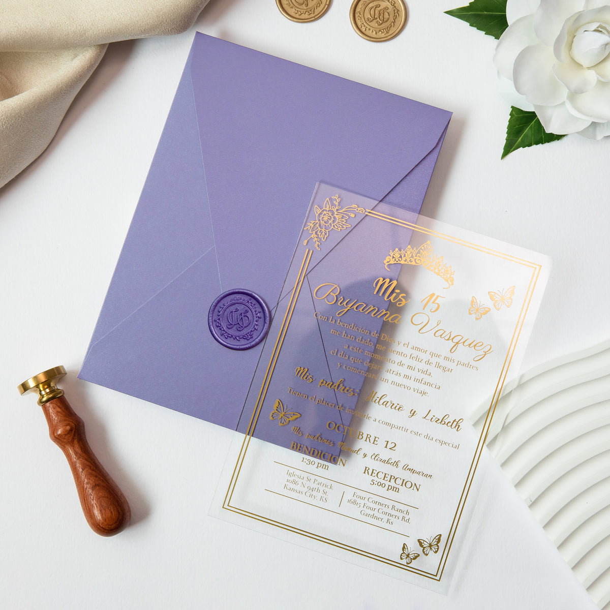 PONATIA 1mm/0.04'' Foil Print in Gold Clear Acrylic  Quinceanera Invitation Cards  and Lilac Envelopes