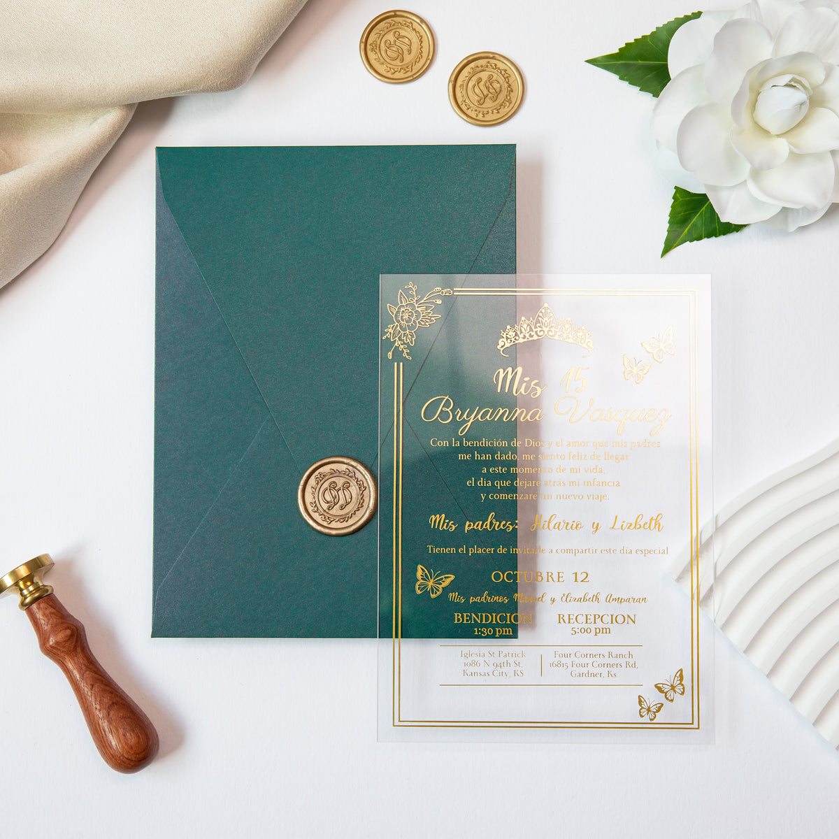 PONATIA 1mm/0.04'' Foil Print in Gold Clear Acrylic  Quinceanera Invitation Cards  and Emerald Green Envelopes