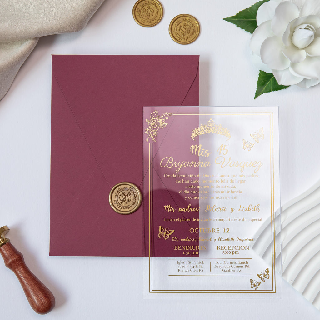 PONATIA 1mm/0.04'' Foil Print in Gold Clear Acrylic  Quinceanera Invitation Cards  and Burgundy Envelopes