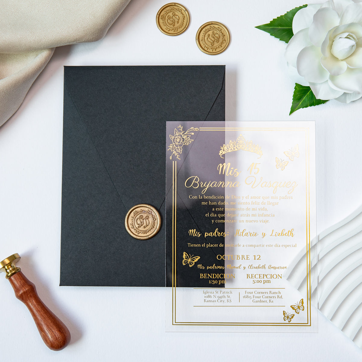 PONATIA 1mm/0.04'' Foil Print in Gold Clear Acrylic  Quinceanera Invitation Cards  and Black Envelopes
