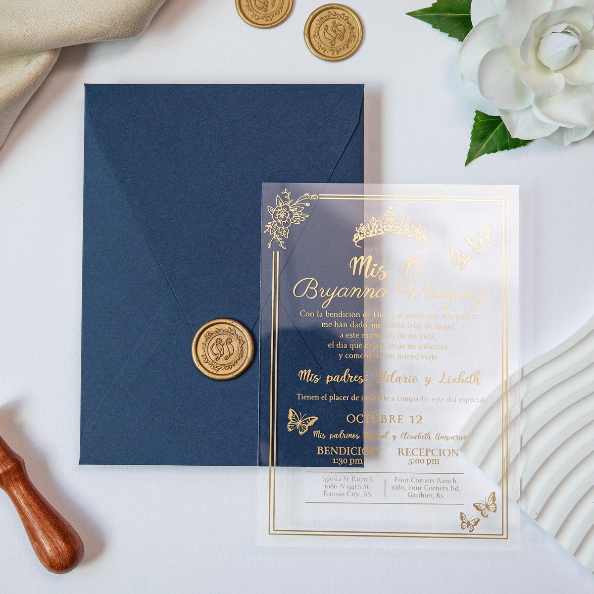 PONATIA 1mm/0.04'' Foil Print in Gold Clear Acrylic  Quinceanera Invitation Cards  and Navy Blue Envelopes