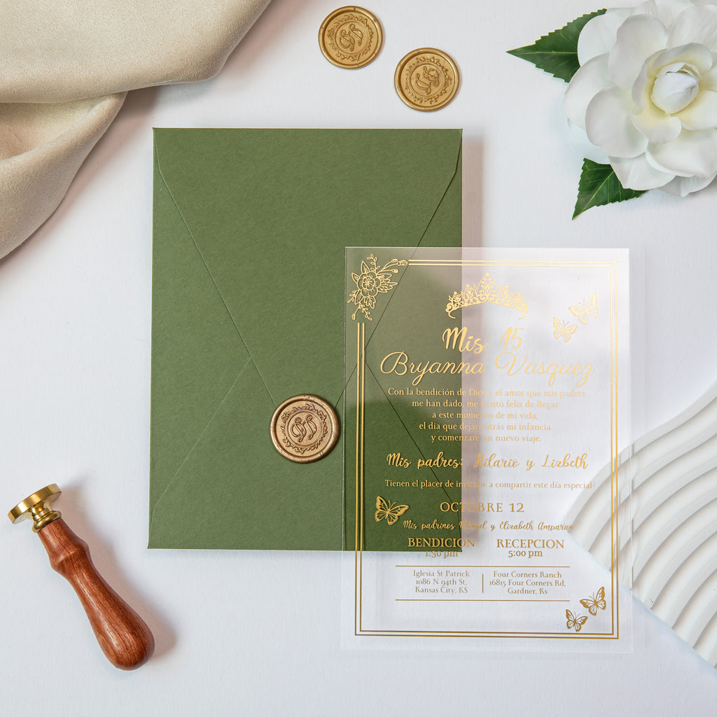 PONATIA 1mm/0.04'' Foil Print in Gold Clear Acrylic  Quinceanera Invitation Cards  and Olive Green Envelopes