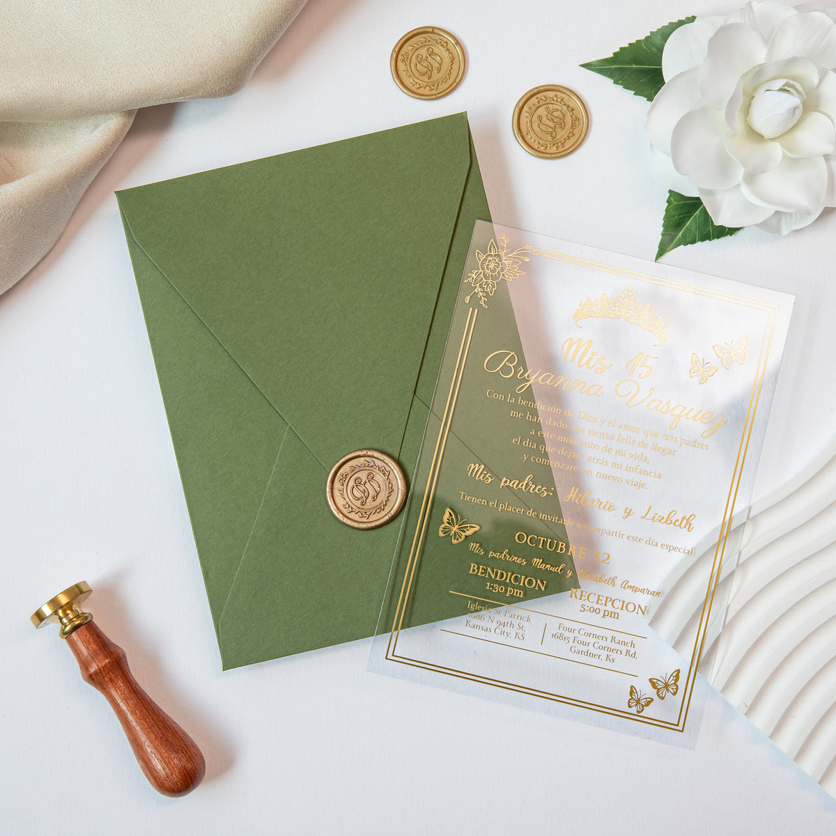 PONATIA 1mm/0.04'' Foil Print in Gold Clear Acrylic  Quinceanera Invitation Cards  and Olive Green Envelopes