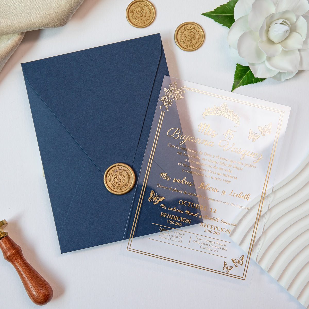 PONATIA 1mm/0.04'' Foil Print in Gold Clear Acrylic  Quinceanera Invitation Cards  and Navy Blue Envelopes