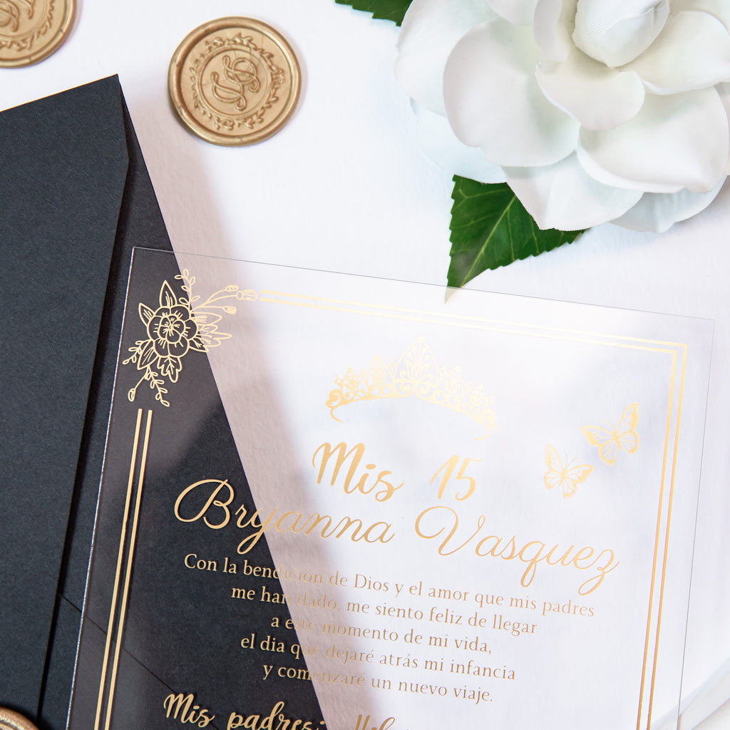 PONATIA 1mm/0.04'' Foil Print in Gold Clear Acrylic  Quinceanera Invitation Cards  and Black Envelopes