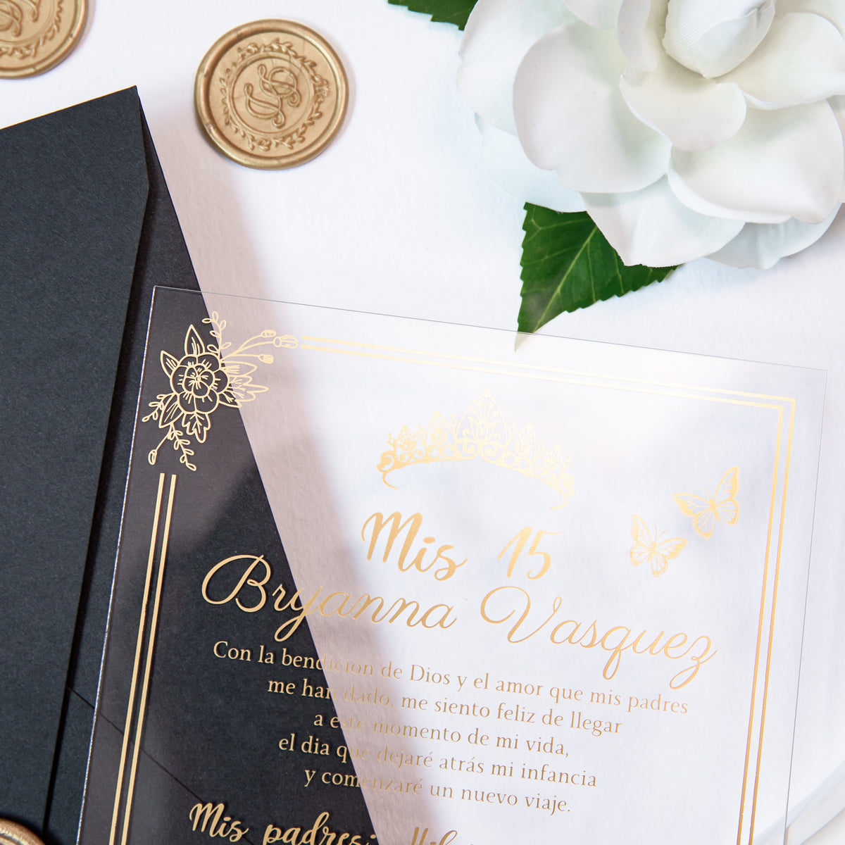 PONATIA 1mm/0.04'' Foil Print in Gold Clear Acrylic  Quinceanera Invitation Cards  and Black Envelopes
