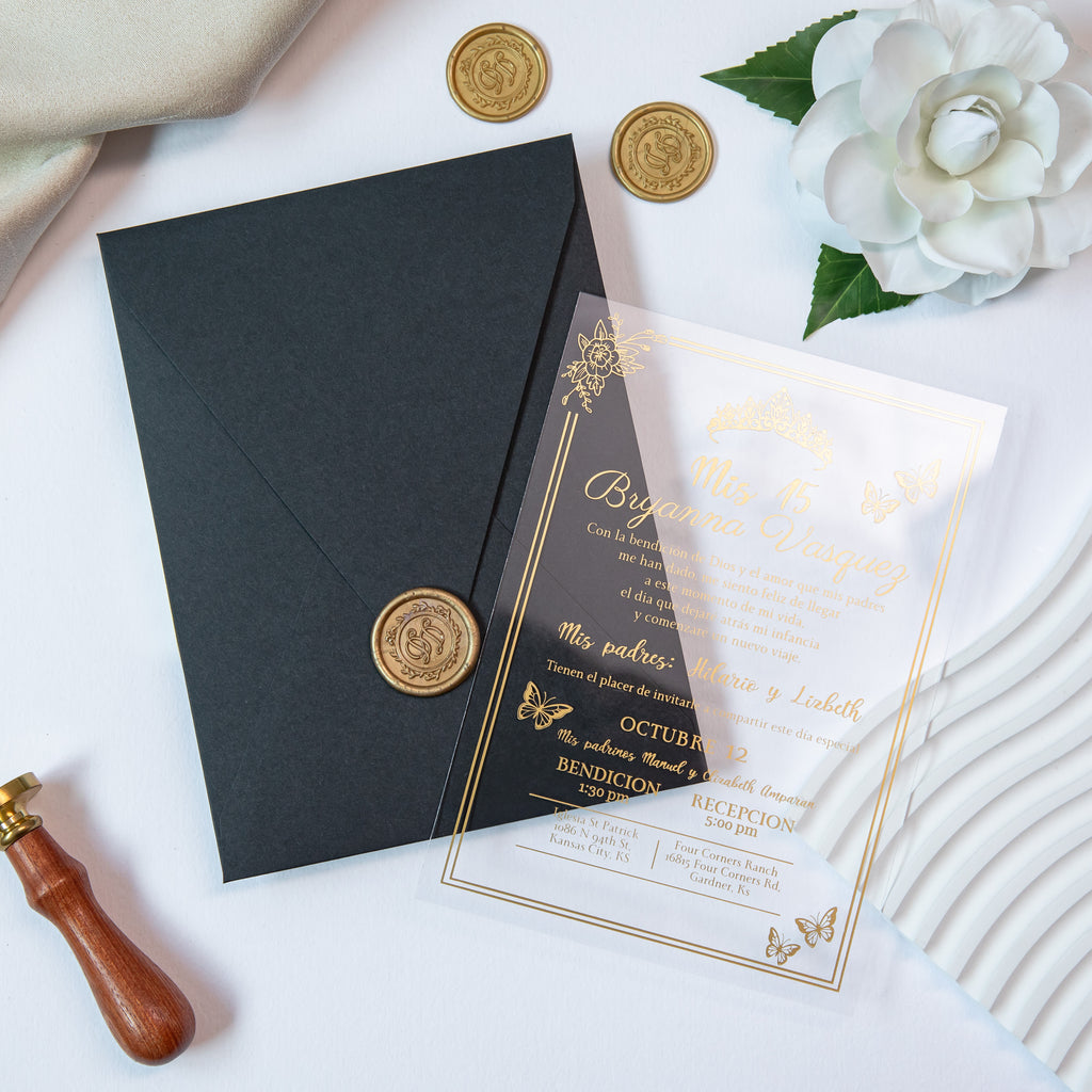 PONATIA 1mm/0.04'' Foil Print in Gold Clear Acrylic  Quinceanera Invitation Cards  and Black Envelopes
