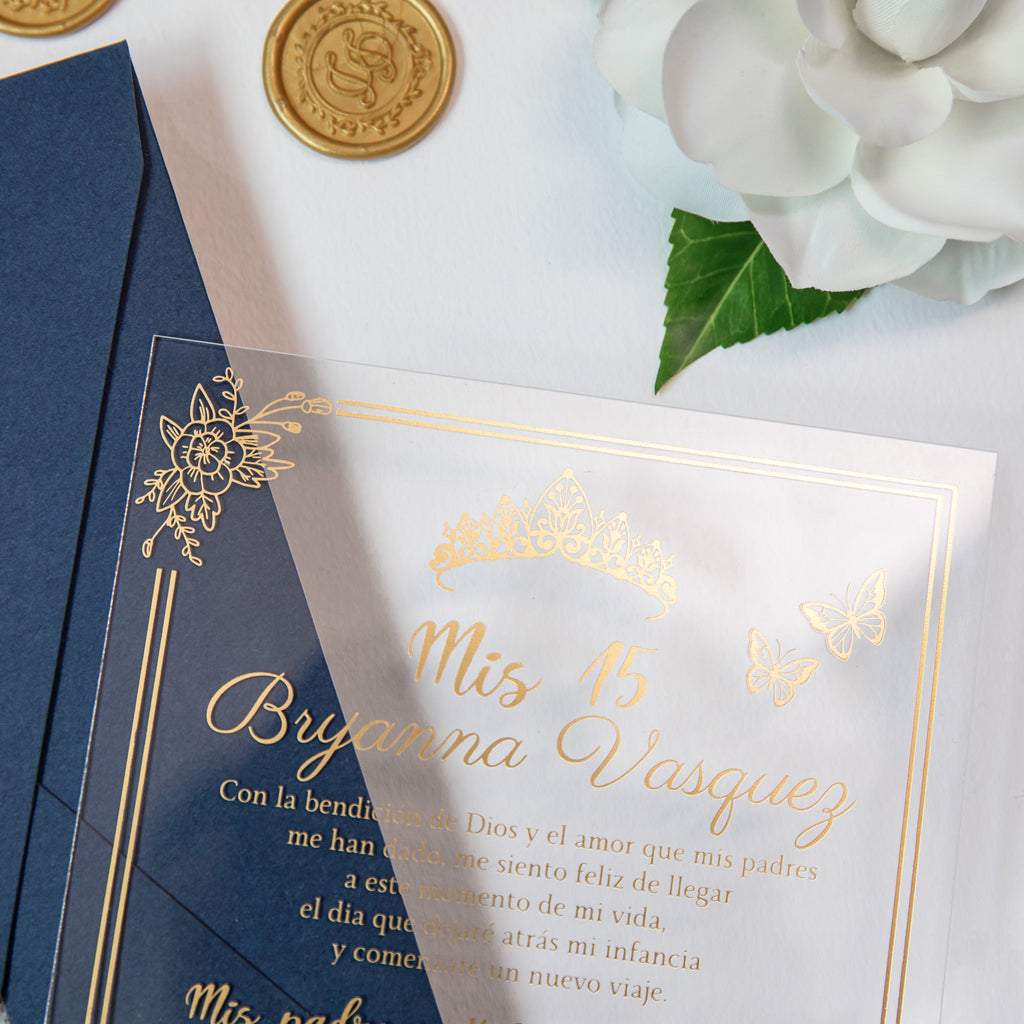 PONATIA 1mm/0.04'' Foil Print in Gold Clear Acrylic  Quinceanera Invitation Cards  and Navy Blue Envelopes