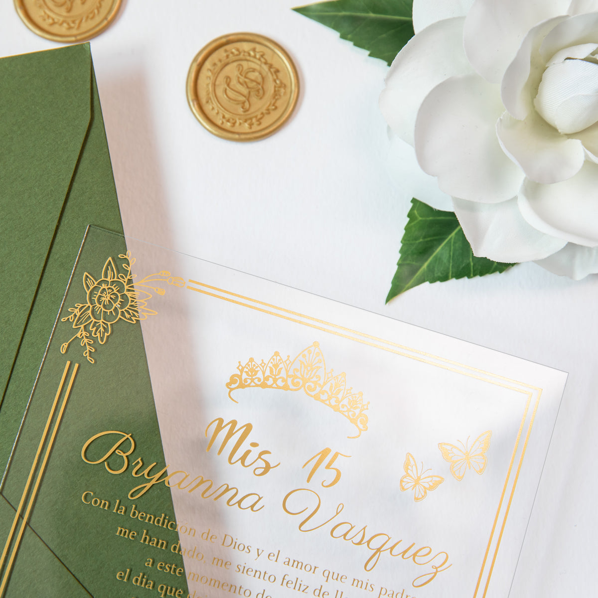 PONATIA 1mm/0.04'' Foil Print in Gold Clear Acrylic  Quinceanera Invitation Cards  and Olive Green Envelopes