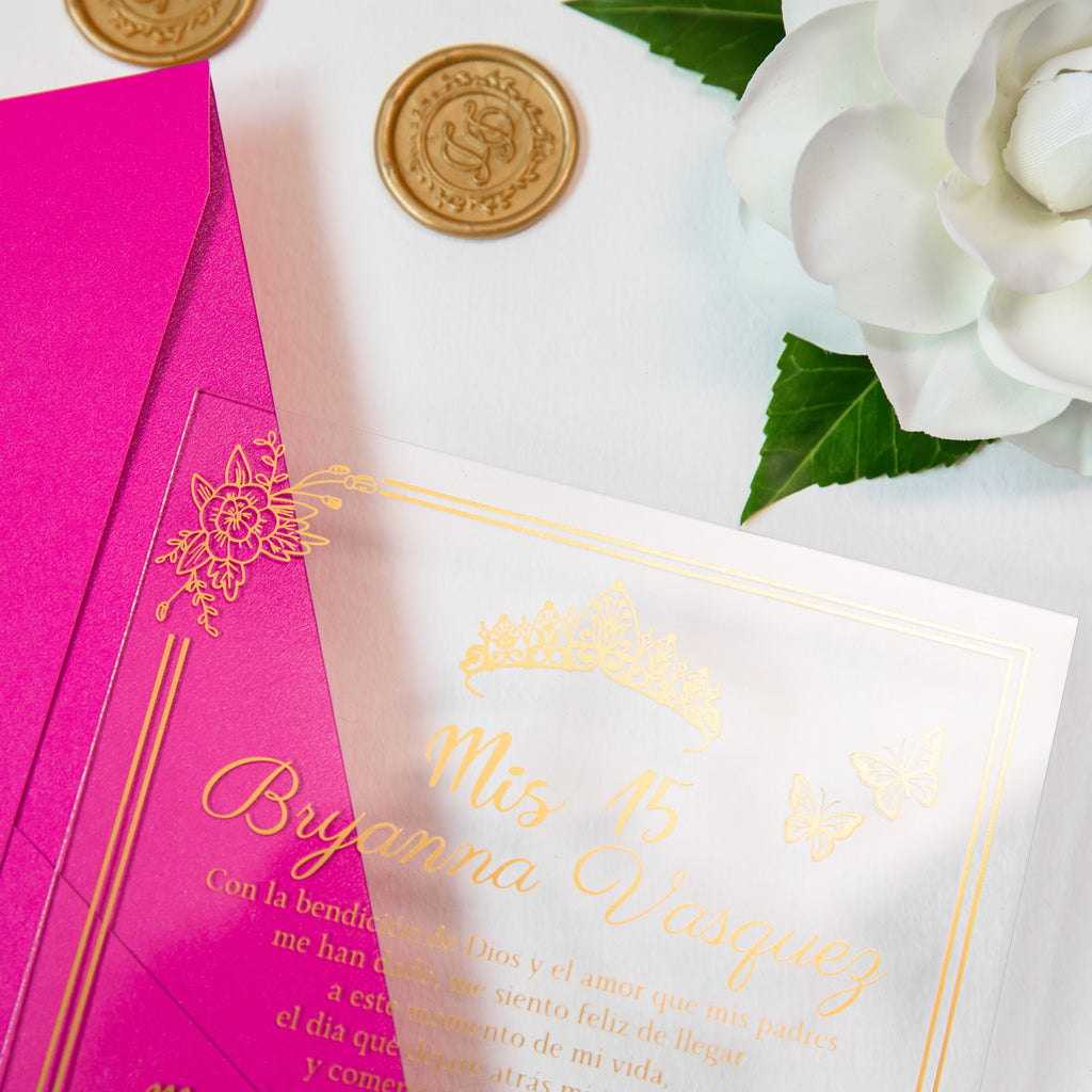PONATIA 1mm/0.04'' Foil Print in Gold Clear Acrylic  Quinceanera Invitation Cards  and Fuchsia Envelopes