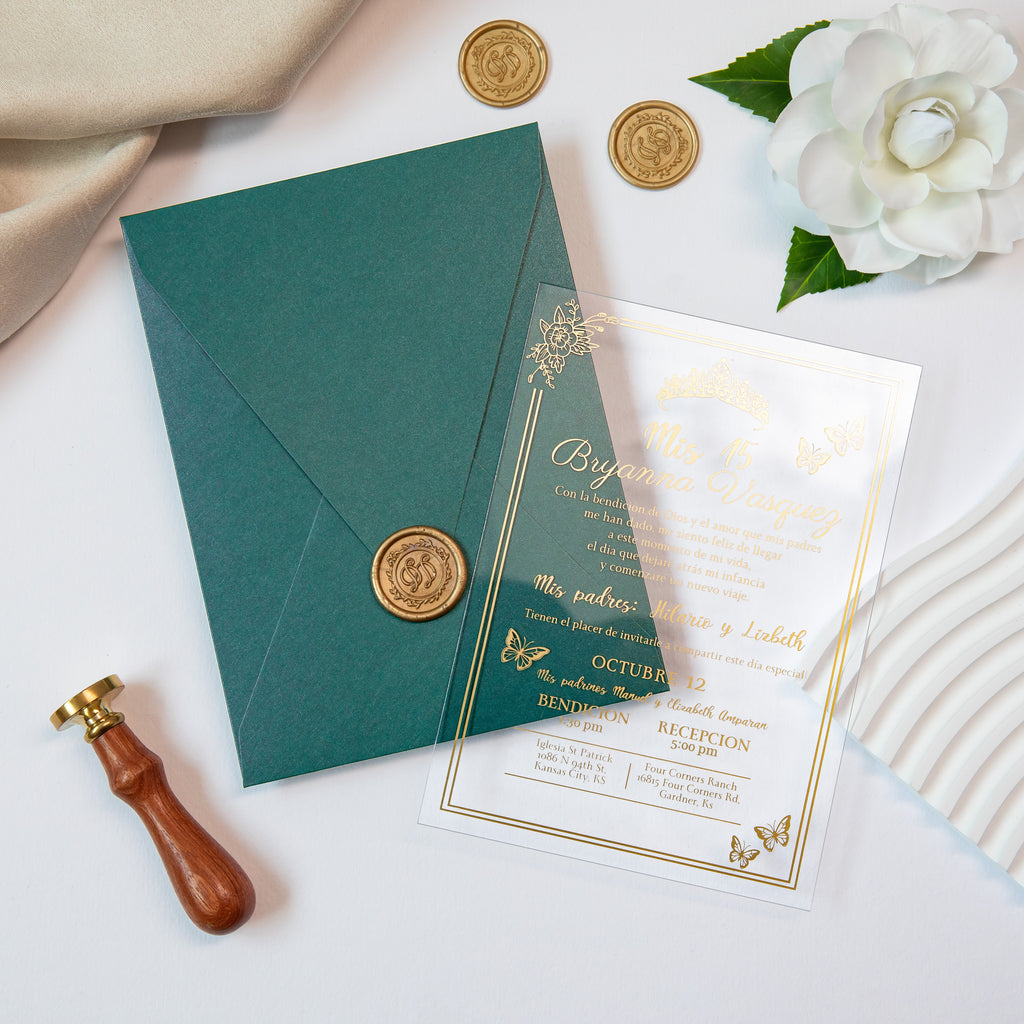 PONATIA 1mm/0.04'' Foil Print in Gold Clear Acrylic  Quinceanera Invitation Cards  and Emerald Green Envelopes