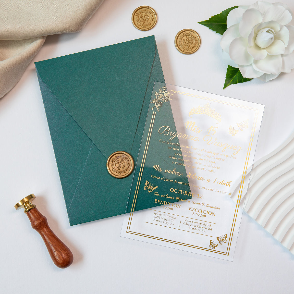 PONATIA 1mm/0.04'' Foil Print in Gold Clear Acrylic  Quinceanera Invitation Cards  and Emerald Green Envelopes