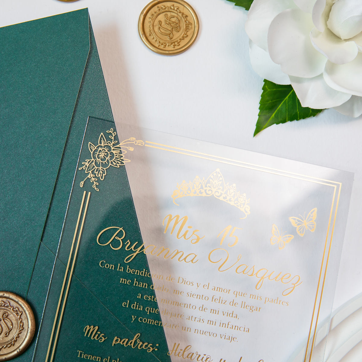 PONATIA 1mm/0.04'' Foil Print in Gold Clear Acrylic  Quinceanera Invitation Cards  and Emerald Green Envelopes