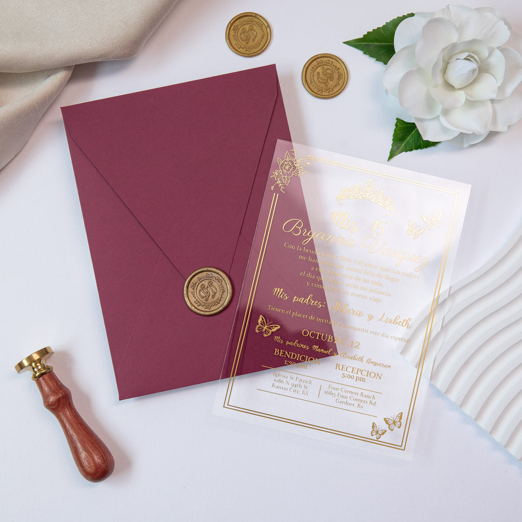 PONATIA 1mm/0.04'' Foil Print in Gold Clear Acrylic  Quinceanera Invitation Cards  and Burgundy Envelopes
