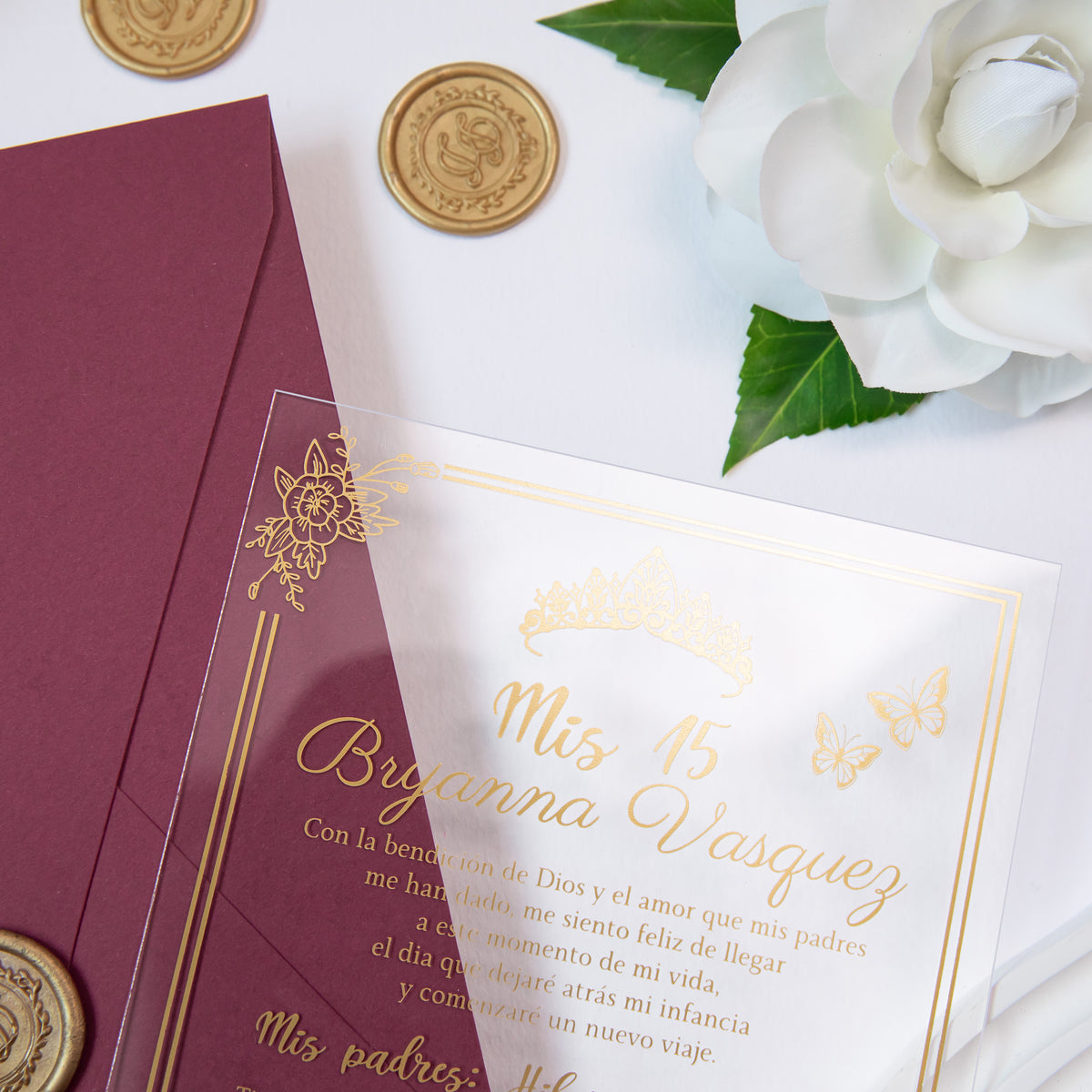 PONATIA 1mm/0.04'' Foil Print in Gold Clear Acrylic  Quinceanera Invitation Cards  and Burgundy Envelopes