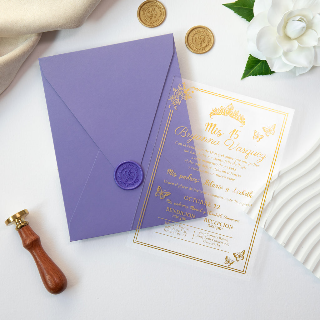 PONATIA 1mm/0.04'' Foil Print in Gold Clear Acrylic  Quinceanera Invitation Cards  and Lilac Envelopes