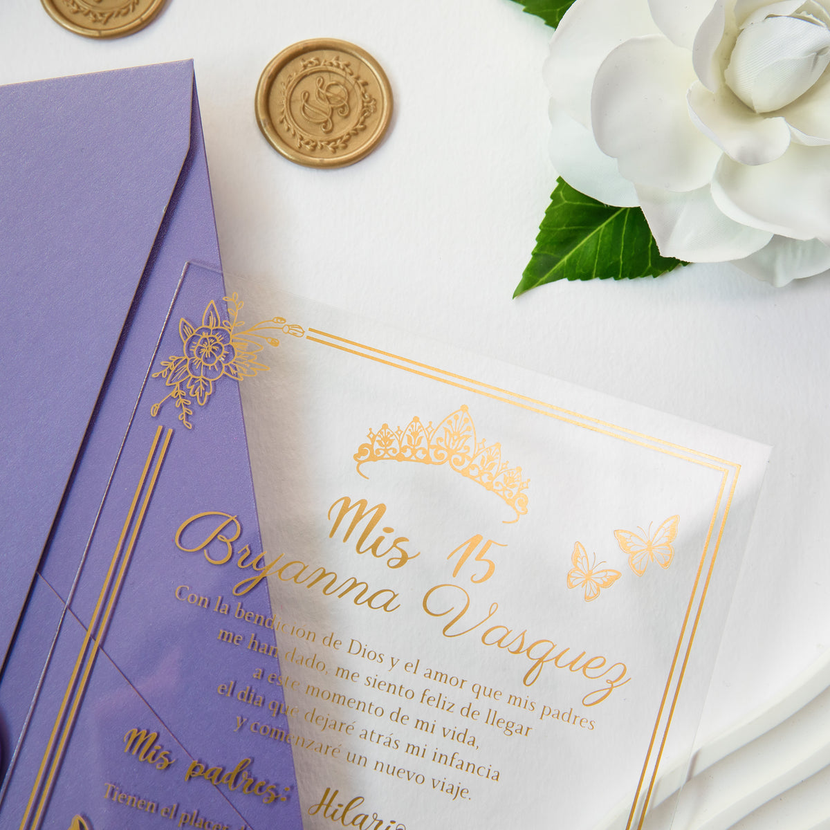 PONATIA 1mm/0.04'' Foil Print in Gold Clear Acrylic  Quinceanera Invitation Cards  and Lilac Envelopes