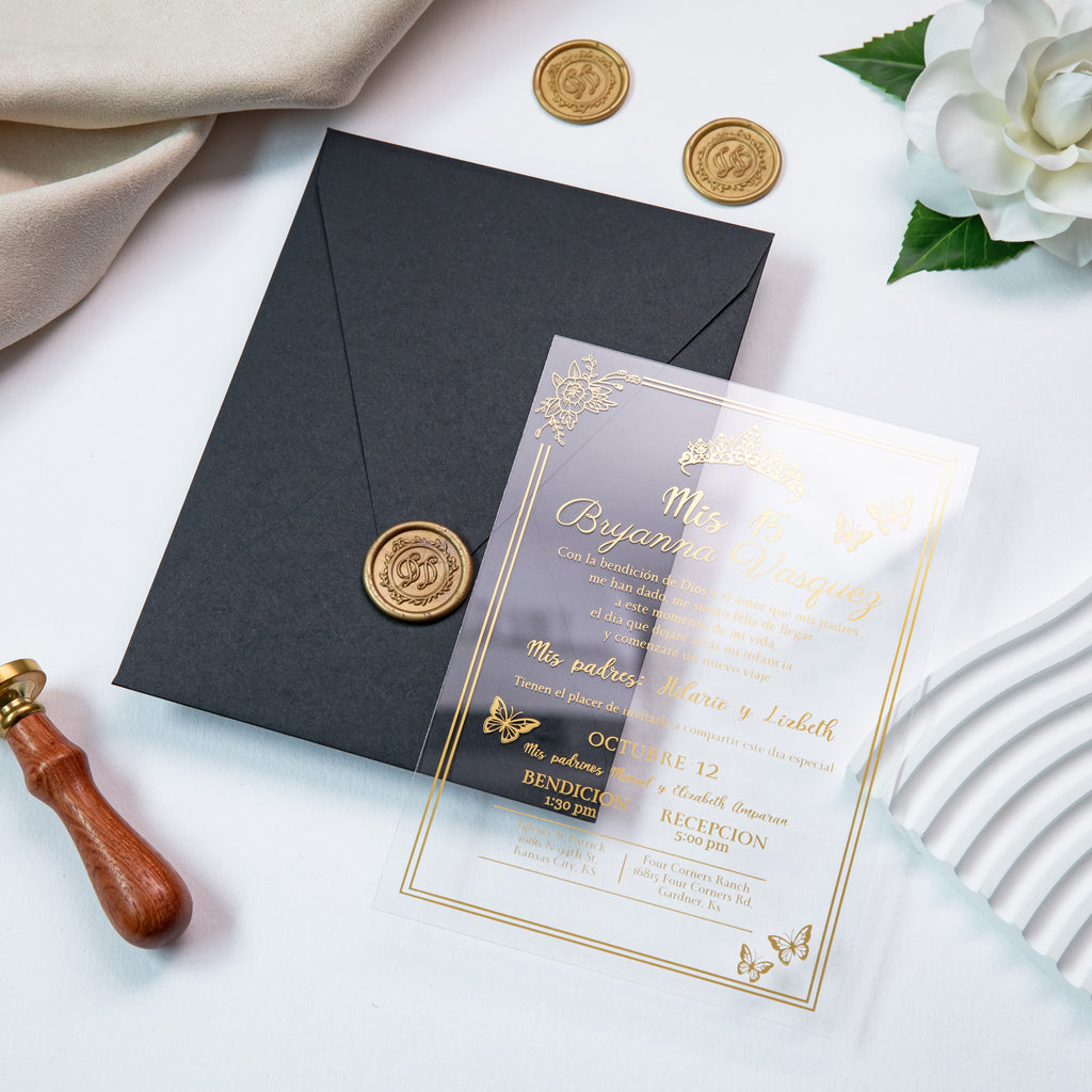 PONATIA 1mm/0.04'' Foil Print in Gold Clear Acrylic  Quinceanera Invitation Cards  and Black Envelopes