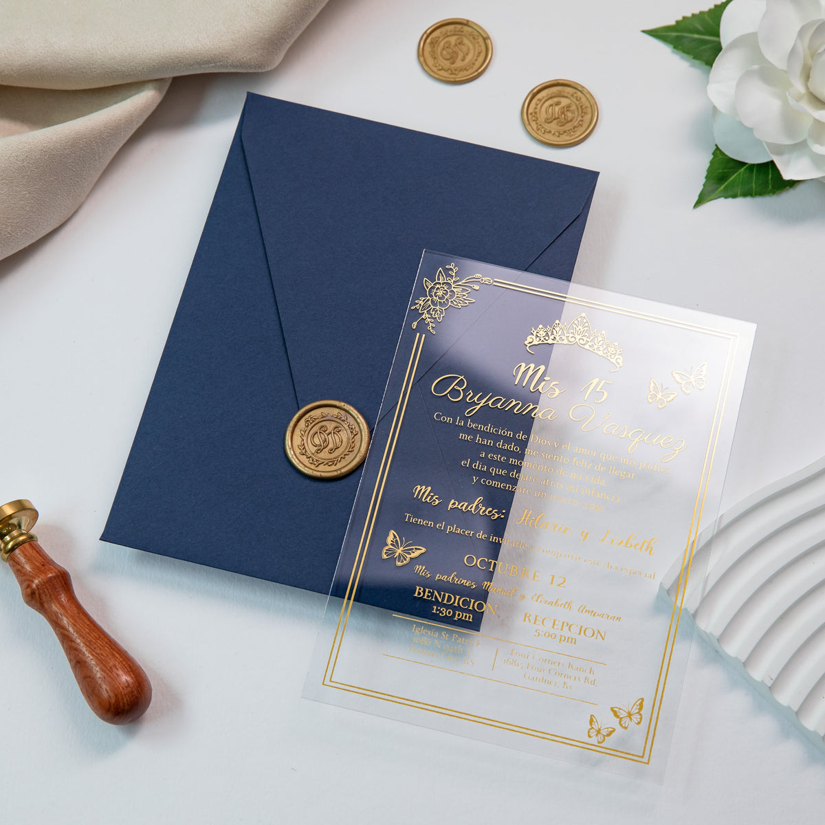 PONATIA 1mm/0.04'' Foil Print in Gold Clear Acrylic  Quinceanera Invitation Cards  and Navy Blue Envelopes