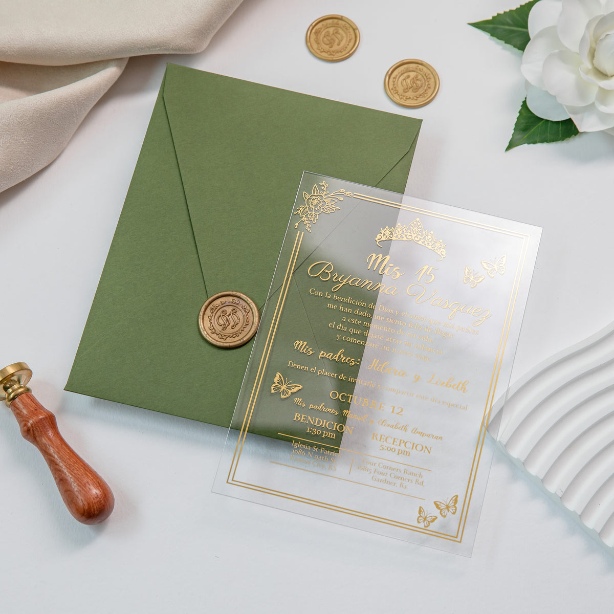 PONATIA 1mm/0.04'' Foil Print in Gold Clear Acrylic  Quinceanera Invitation Cards  and Olive Green Envelopes