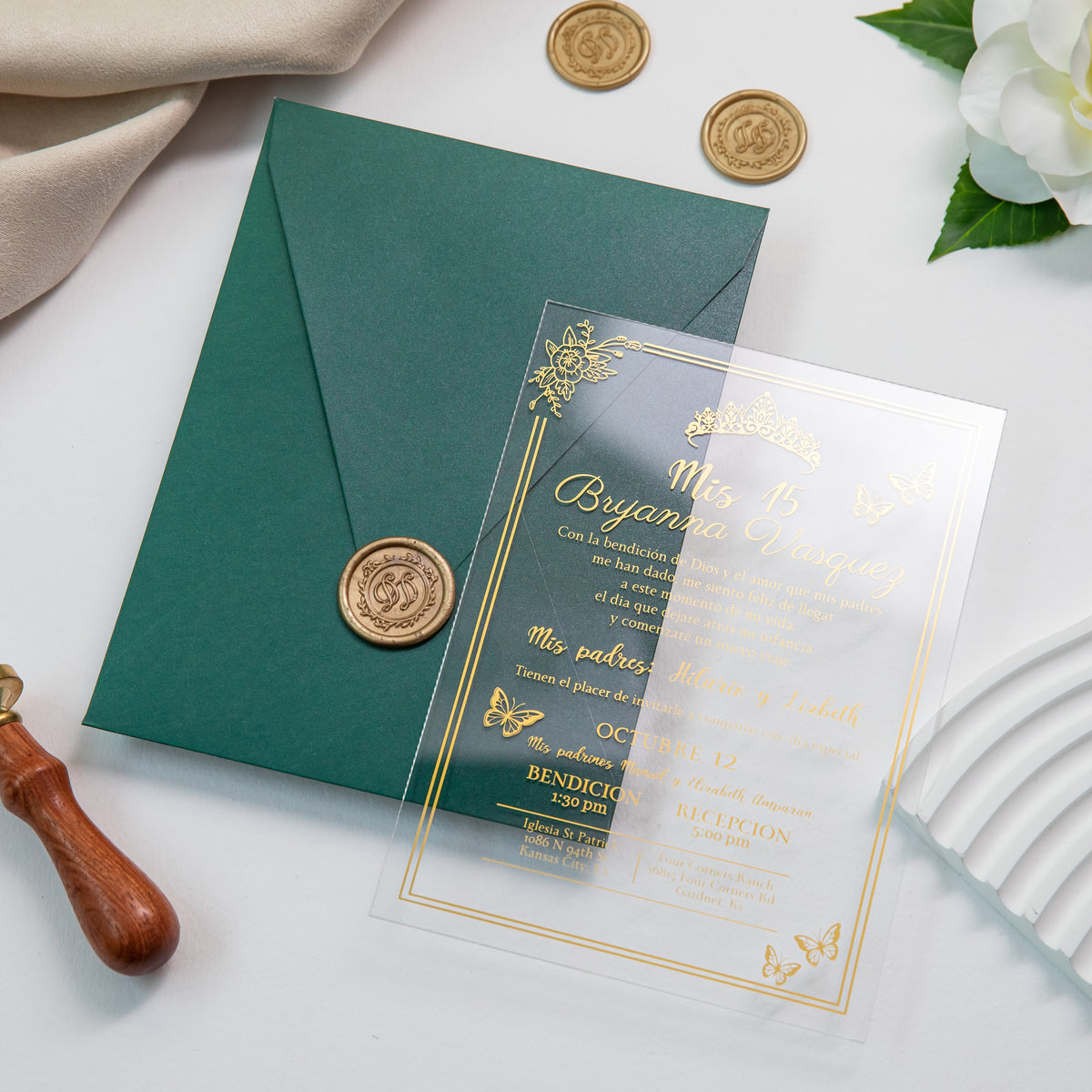 PONATIA 1mm/0.04'' Foil Print in Gold Clear Acrylic  Quinceanera Invitation Cards  and Emerald Green Envelopes