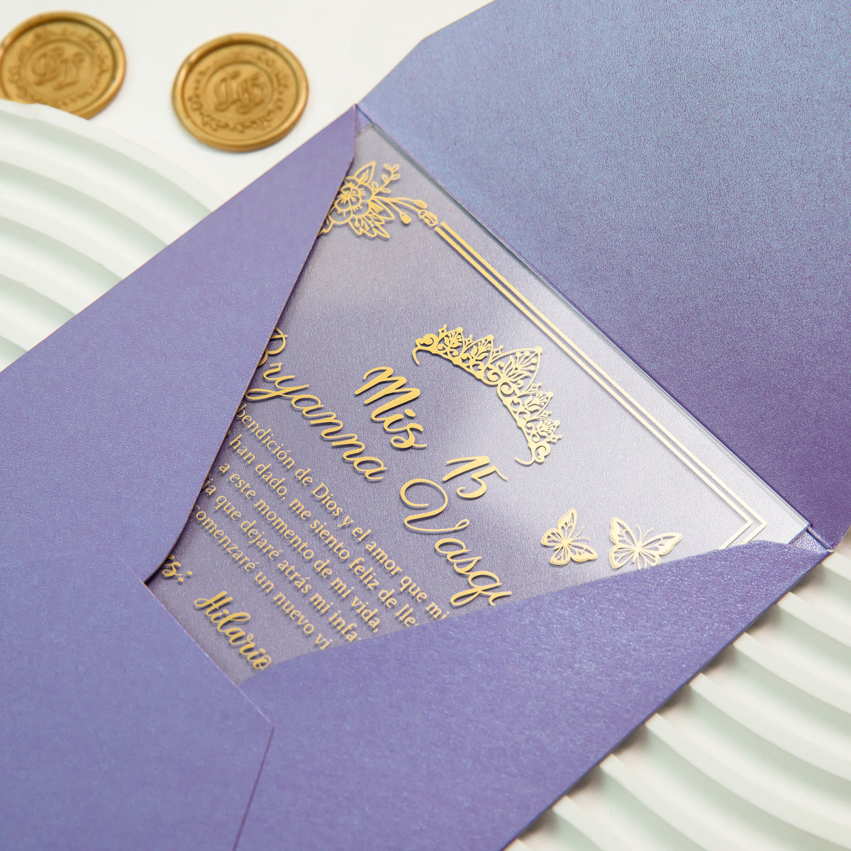 PONATIA 1mm/0.04'' Foil Print in Gold Clear Acrylic  Quinceanera Invitation Cards  and Lilac Envelopes