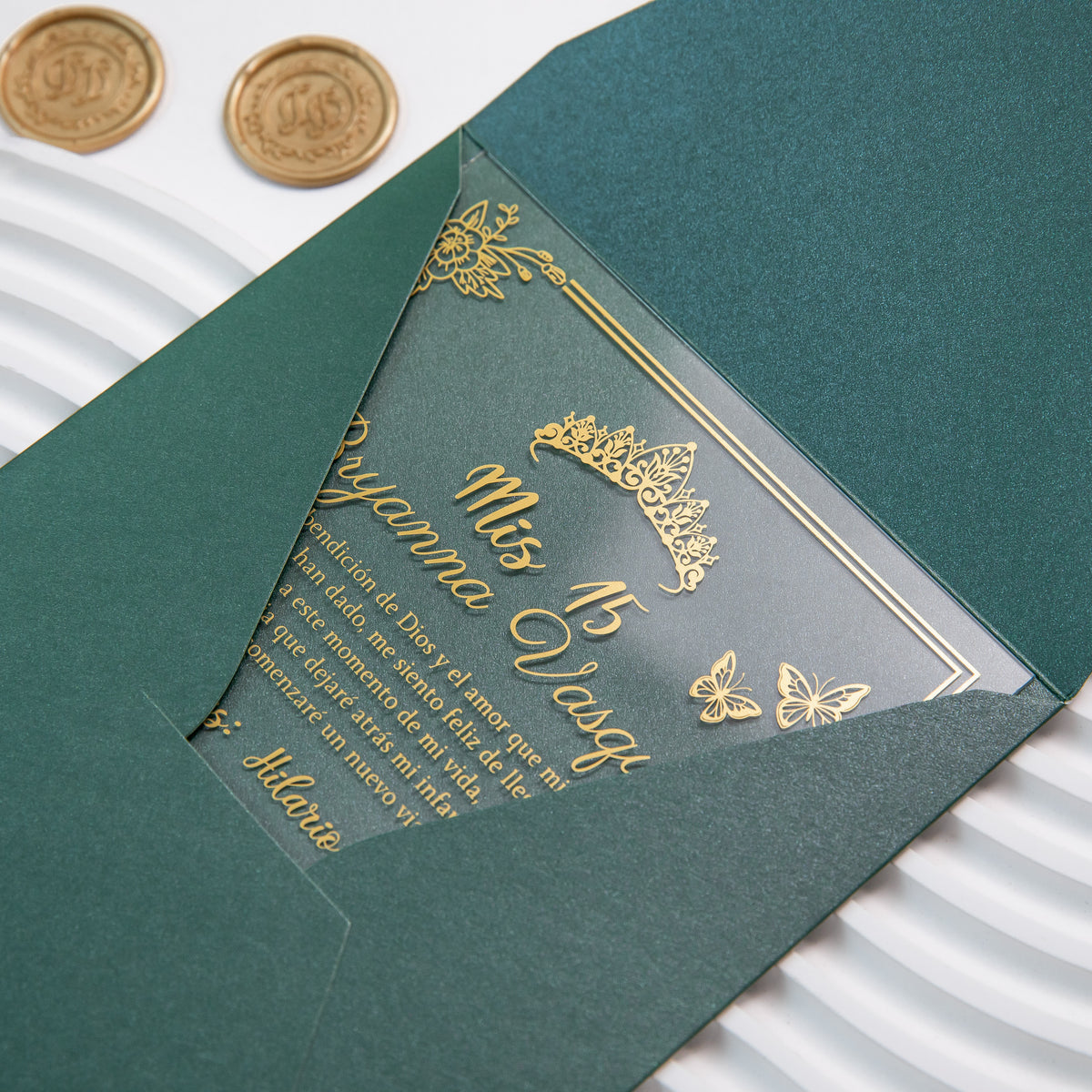 PONATIA 1mm/0.04'' Foil Print in Gold Clear Acrylic  Quinceanera Invitation Cards  and Emerald Green Envelopes