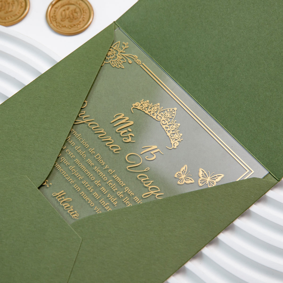 PONATIA 1mm/0.04'' Foil Print in Gold Clear Acrylic  Quinceanera Invitation Cards  and Olive Green Envelopes