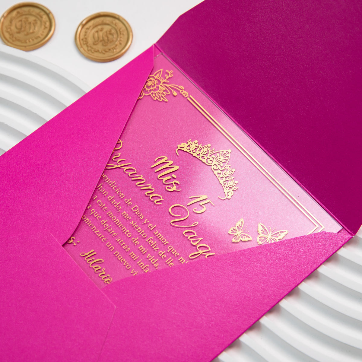 PONATIA 1mm/0.04'' Foil Print in Gold Clear Acrylic  Quinceanera Invitation Cards  and Fuchsia Envelopes