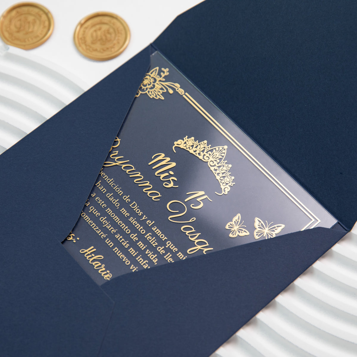 PONATIA 1mm/0.04'' Foil Print in Gold Clear Acrylic  Quinceanera Invitation Cards  and Navy Blue Envelopes