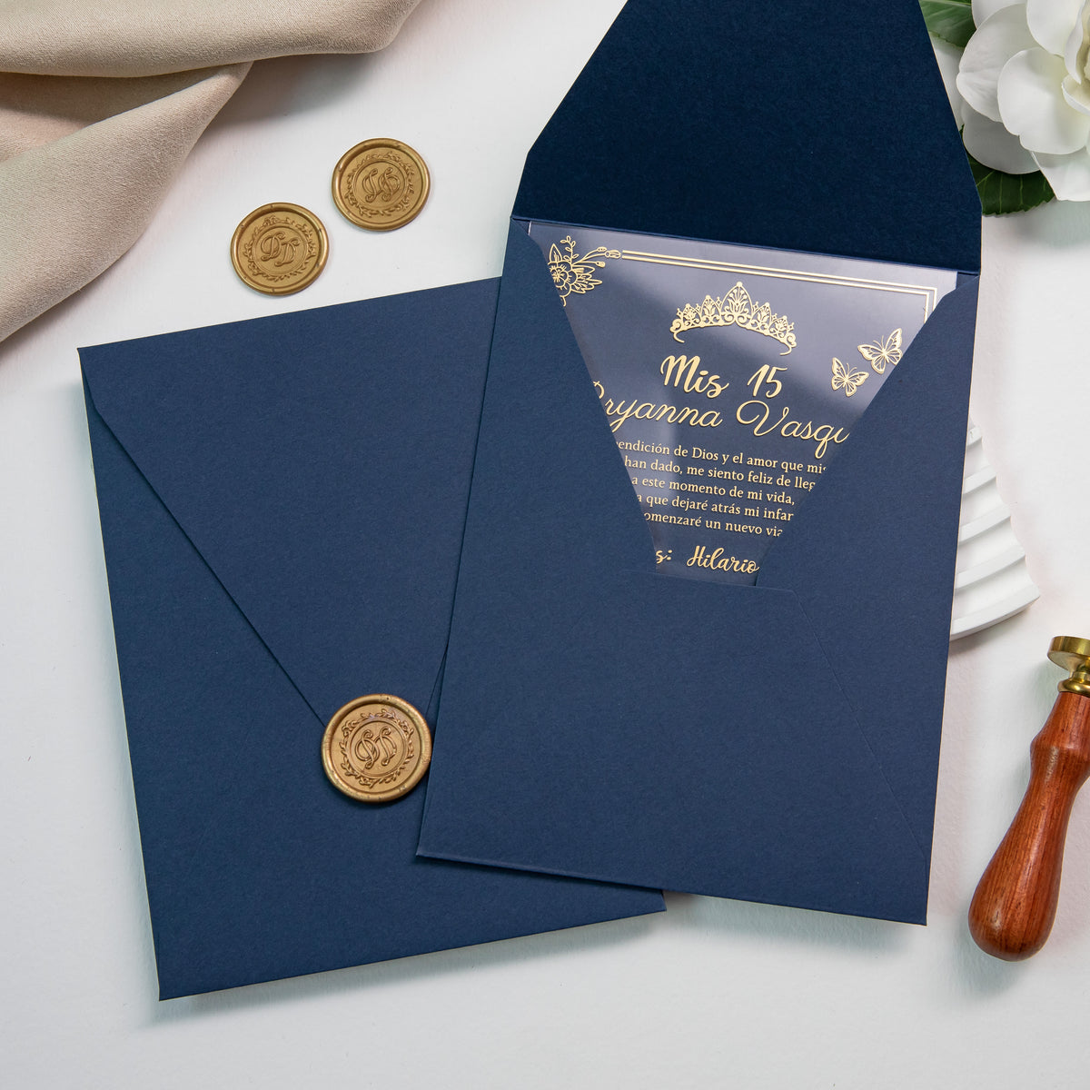 PONATIA 1mm/0.04'' Foil Print in Gold Clear Acrylic  Quinceanera Invitation Cards  and Navy Blue Envelopes