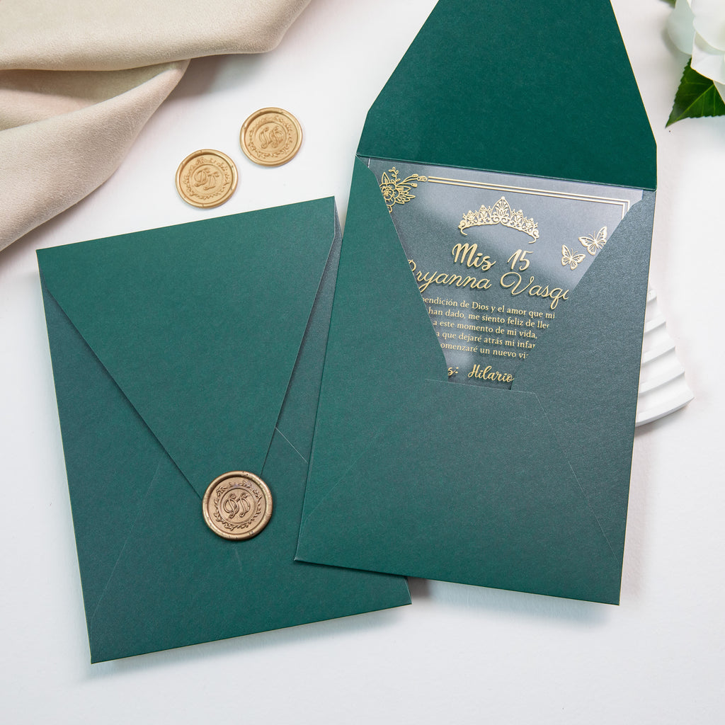 PONATIA 1mm/0.04'' Foil Print in Gold Clear Acrylic  Quinceanera Invitation Cards  and Emerald Green Envelopes
