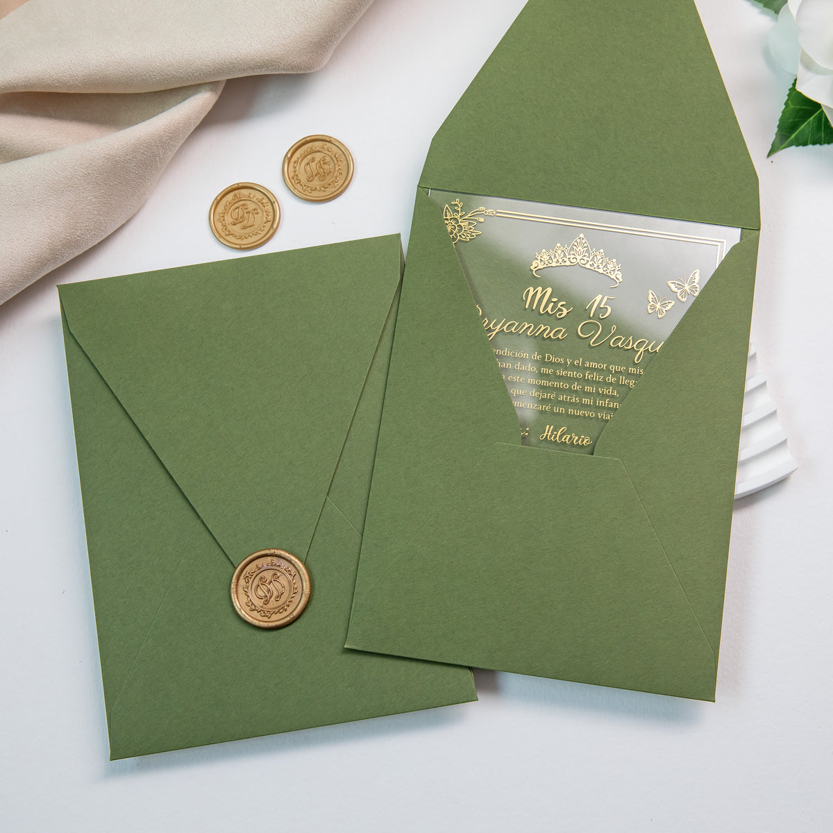 PONATIA 1mm/0.04'' Foil Print in Gold Clear Acrylic  Quinceanera Invitation Cards  and Olive Green Envelopes