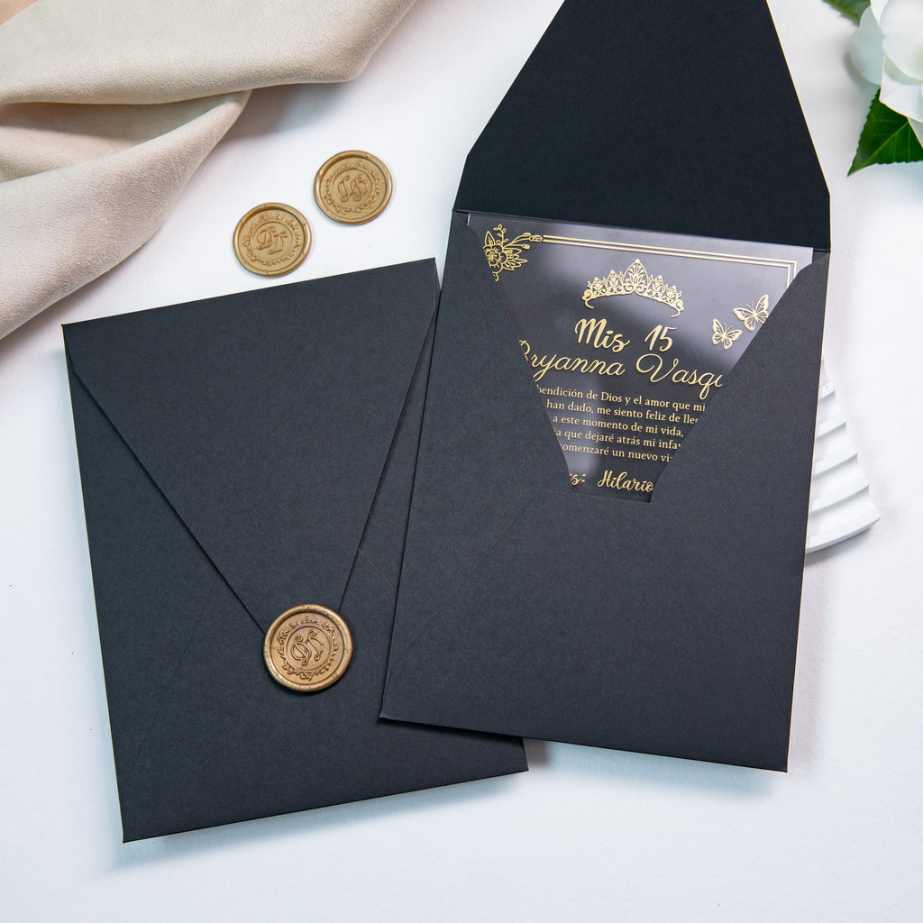 PONATIA 1mm/0.04'' Foil Print in Gold Clear Acrylic  Quinceanera Invitation Cards  and Black Envelopes