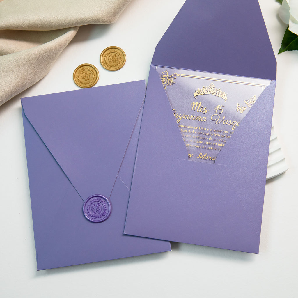 PONATIA 1mm/0.04'' Foil Print in Gold Clear Acrylic  Quinceanera Invitation Cards  and Lilac Envelopes