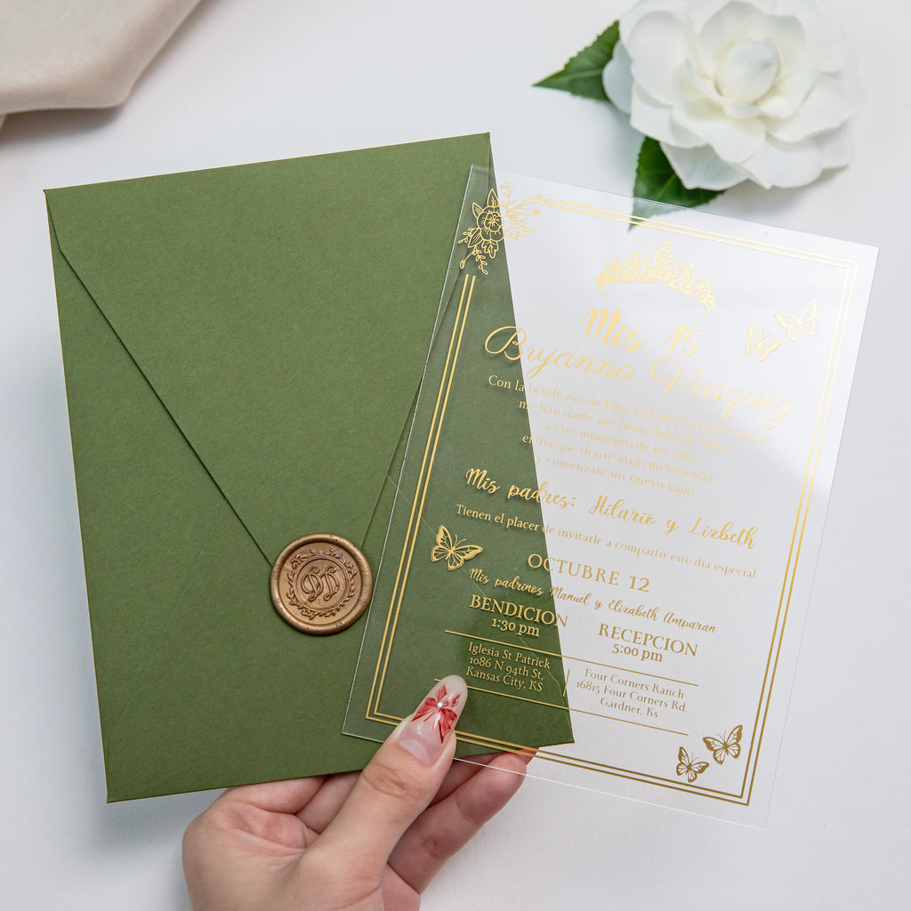 PONATIA 1mm/0.04'' Foil Print in Gold Clear Acrylic  Quinceanera Invitation Cards  and Olive Green Envelopes