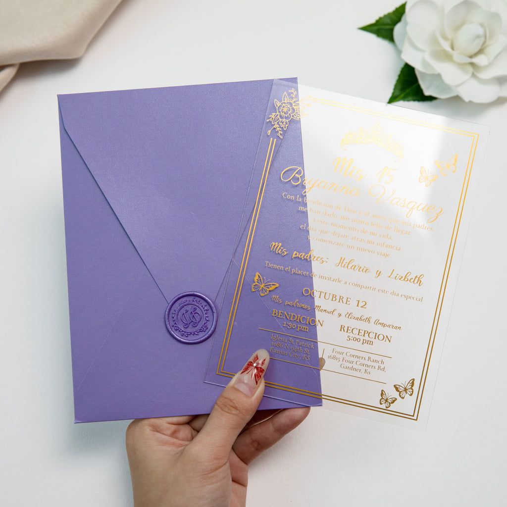 PONATIA 1mm/0.04'' Foil Print in Gold Clear Acrylic  Quinceanera Invitation Cards  and Lilac Envelopes