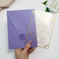 PONATIA 1mm/0.04'' Foil Print in Gold Clear Acrylic  Quinceanera Invitation Cards  and Lilac Envelopes