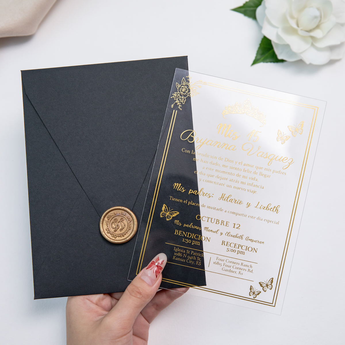 PONATIA 1mm/0.04'' Foil Print in Gold Clear Acrylic  Quinceanera Invitation Cards  and Black Envelopes